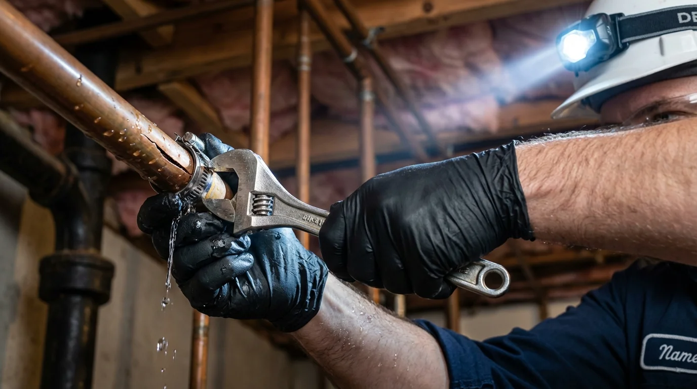 Emergency pipe clamp repair being performed by a Johns Plumbing LLC plumber in Fort Bragg