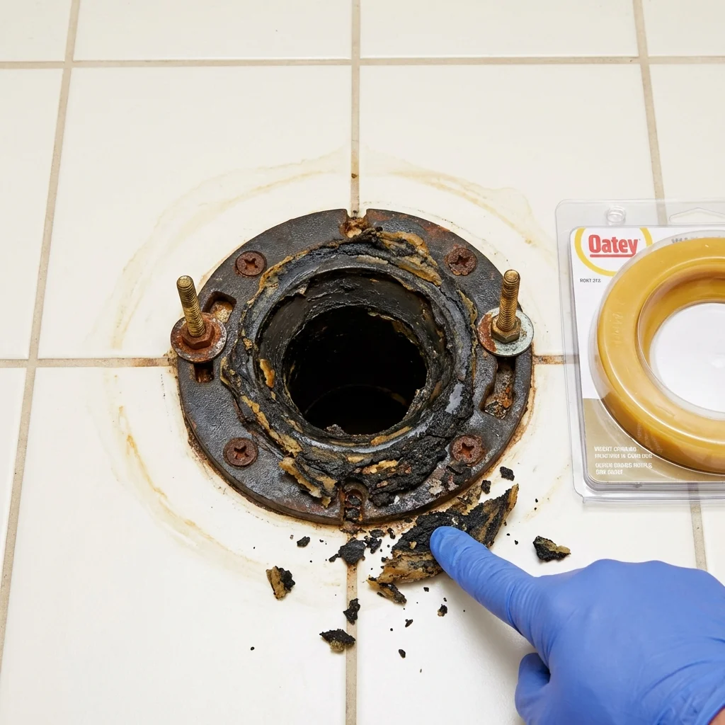 Failed wax ring showing water seepage at the base of a toilet in a Fort Bragg, NC home